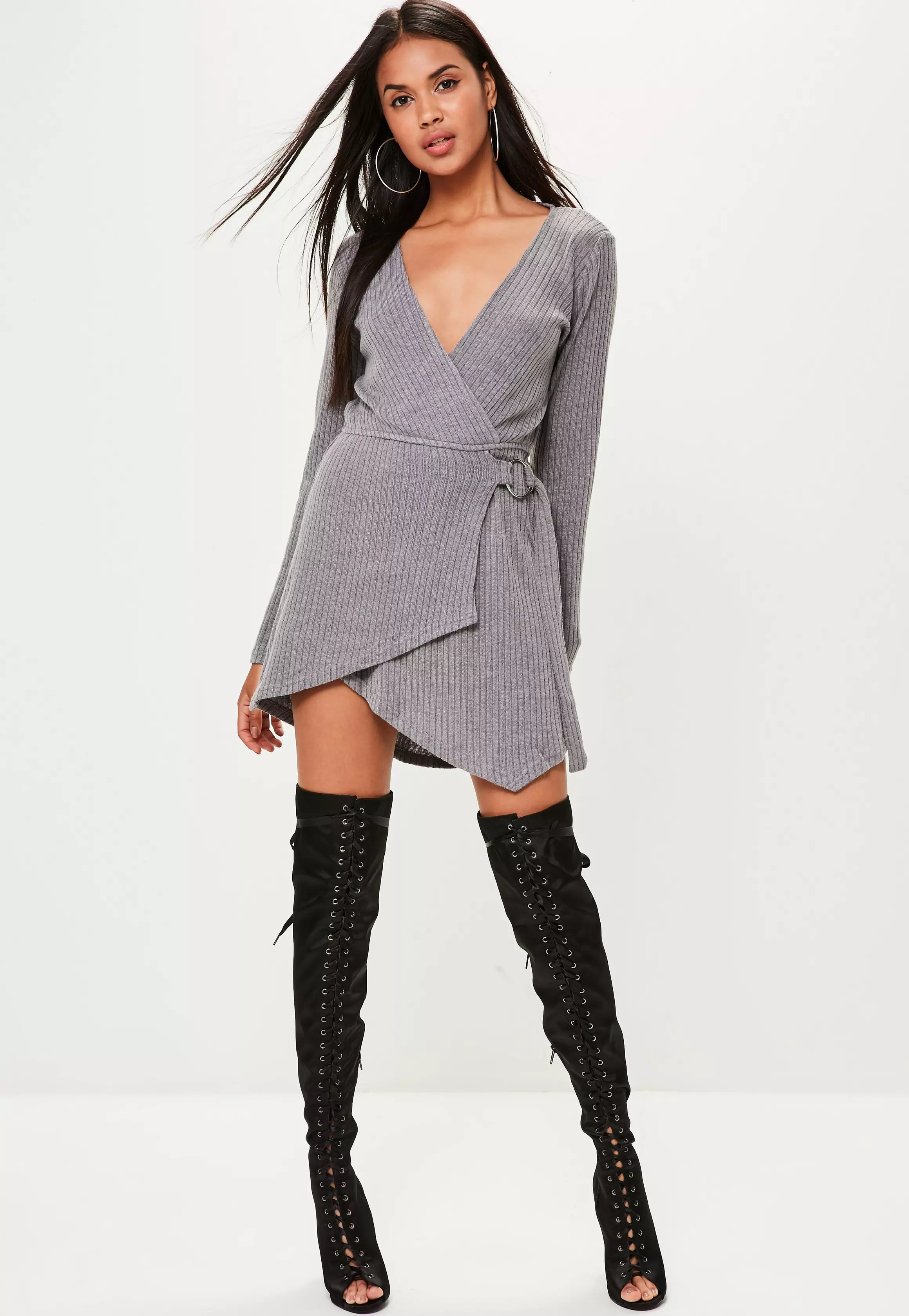 Grey Knitted Ribbed Skater Dress 